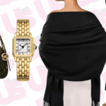 Emilie Joseph usa óculos escuros, brincos, batom vermelho, um blazer preto oversized / estruturado de lã virgem com gola de lapela da Victoria Beckham para Mango, calças de treino oversized / calças de treino Adidas Classics em vermelho com listras, um colar / corrente dourado grosso da Merbabe Grécia, sapatos: sapatos pretos pontiagudos de cetim Newton com salto alto da Saint Laurent, durante uma sessão de fotos de moda de estilo de rua, em 12 de maio de 2024 em Paris, França.