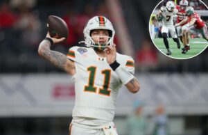 A revelação impressionante de Miami QB Carson Beck sobre o jogo que selou a reviravolta no estado de Ohio O quarterback do Miami, Carson Beck, jogando uma bola de futebol durante o treino.