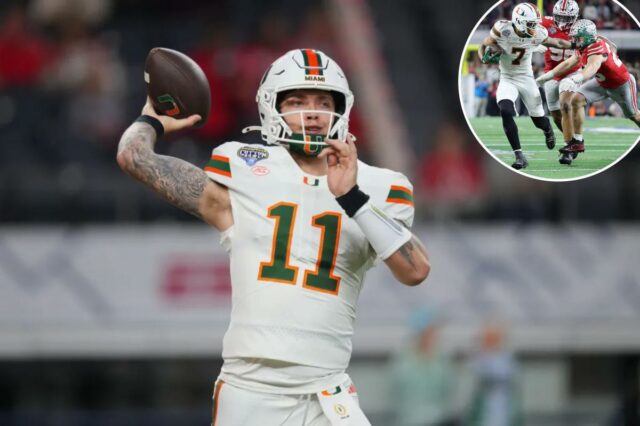 A revelação impressionante de Miami QB Carson Beck sobre o O quarterback do Miami, Carson Beck, jogando uma bola de futebol durante o treino.