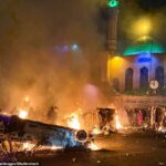 Imagens pareciam mostrar um enorme incêndio destruindo um prédio do governo em Karaj, perto de Teerã.