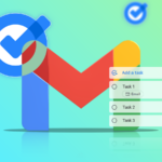 Um smartphone exibindo uma interface do Google Tasks cercada por ícones flutuantes de marcas de seleção azuis.