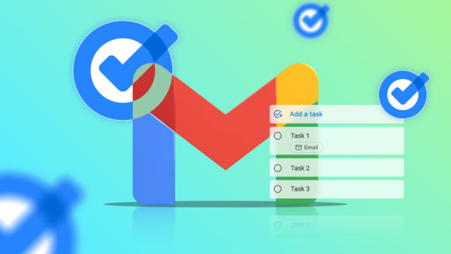 Um smartphone exibindo uma interface do Google Tasks cercada por ícones flutuantes de marcas de seleção azuis.