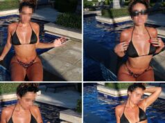 Adivinhe o DJ Bikini Babe postado à beira da piscina! Babe de biquíni preto Sommer Ray saindo na piscina