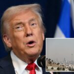 O presidente dos EUA, Donald Trump, fala em uma entrevista coletiva com as bandeiras dos EUA e de Israel ao fundo.