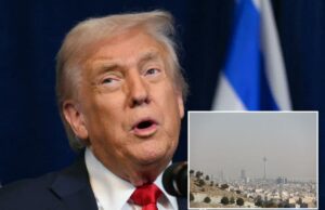 Administrador de Trump executará planos preliminares de ataque ao Irã – considerando quais sites atingir: relatório O presidente dos EUA, Donald Trump, fala em uma entrevista coletiva com as bandeiras dos EUA e de Israel ao fundo.