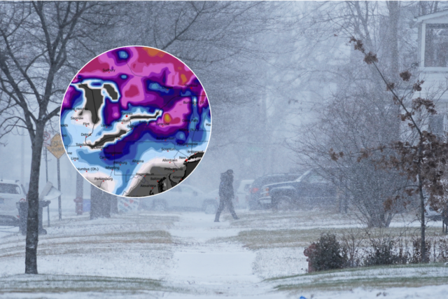 A person walks across the street after a winter storm system hit South East Michigan, Monday, Dec. 29, 2025, in Detroit / A snow depth map from WXCharts shows some of the impacted areas