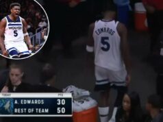 Anthony Edwards deixa o banco dos Timberwolves no meio do jogo em cena chocante O jogador da NBA, Anthony Edwards, parece abatido com um placar mostrando que ele marcou 30 pontos e o resto do time 50 pontos.