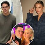 Ariana Madix em um blazer risca de giz azul marinho.