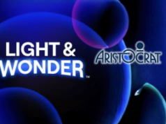 Aristocrata e Light & Wonder resolvem processo judicial da Dragon Train por US$ 127,5 milhões Aristocrata e Light & Wonder resolvem o processo da Dragon Train por US$ 127,5 milhões. Logotipos Light & Wonder e Aristocrat sobre fundo azul escuro com círculos decorativos