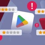 Colagem apresentando um smartphone executando a Google Play Store, cercado por mascotes do Android e pop-ups destacando os recursos