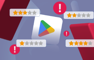 As classificações por estrelas do Google Play estão quebradas – aqui estão os 8 sinais em que confio Colagem apresentando um smartphone executando a Google Play Store, cercado por mascotes do Android e pop-ups destacando os recursos