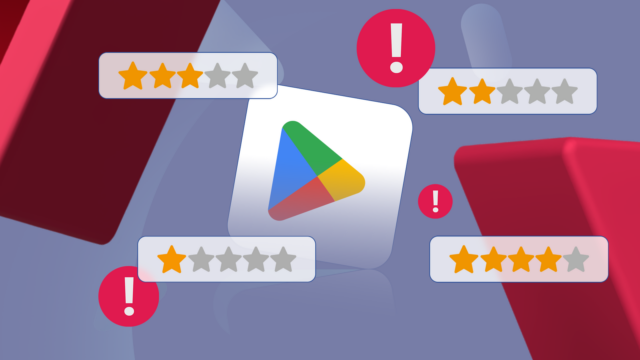 Colagem apresentando um smartphone executando a Google Play Store, cercado por mascotes do Android e pop-ups destacando os recursos 