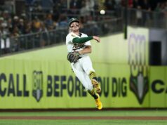 A’s ink All-Star Jacob Wilson para extensão de contrato de sete anos e US$ 70 milhões O shortstop de atletismo Jacob Wilson lança uma bola de beisebol para a primeira base.