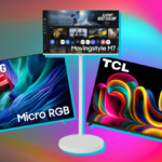 LG Wallpaper TV em suporte de TV transparente com grande janela e paisagem urbana ao fundo