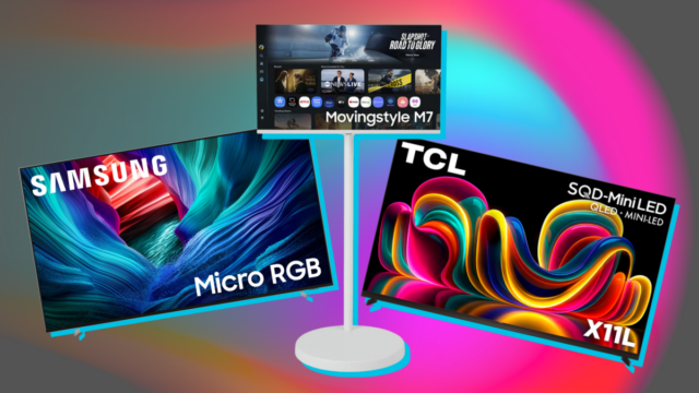 LG Wallpaper TV em suporte de TV transparente com grande janela e paisagem urbana ao fundo