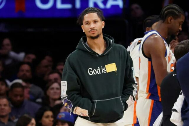 Josh Hart à paisana no primeiro tempo no Madison Square Garden em Manhattan, Nova York, sábado, 3 de janeiro de 2026. 