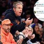 O comediante Ben Stiller reage à polêmica das celebridades durante o primeiro tempo, quando o New York Knicks jogou contra o Phoenix Suns no sábado, 17 de janeiro de 2026, no Madison Square Garden.