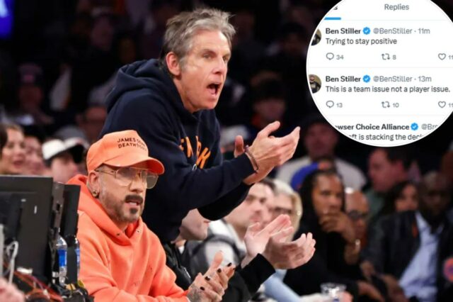 O comediante Ben Stiller reage à polêmica das celebridades durante o primeiro tempo, quando o New York Knicks jogou contra o Phoenix Suns no sábado, 17 de janeiro de 2026, no Madison Square Garden.