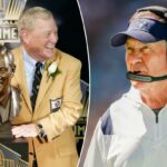 A cerimônia de posse do Hall da Fama do Futebol Profissional de 2021 com Peyton Manning, Cliff Harris e Jared Allen.