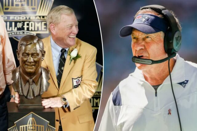 Bill Polian muda bizarramente a história da votação no Hall A cerimônia de posse do Hall da Fama do Futebol Profissional de 2021 com Peyton Manning, Cliff Harris e Jared Allen.