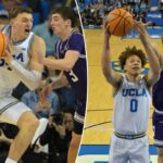 O atacante do UCLA Bruins, Tyler Bilodeau (34), vai para a cesta enquanto os guardas do Northwestern Wildcats, Max Green (10) e Jake West (3), defendem.