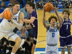 Bilodeau e Perry dominam os Bruins sobre o Noroeste O atacante do UCLA Bruins, Tyler Bilodeau (34), vai para a cesta enquanto os guardas do Northwestern Wildcats, Max Green (10) e Jake West (3), defendem.