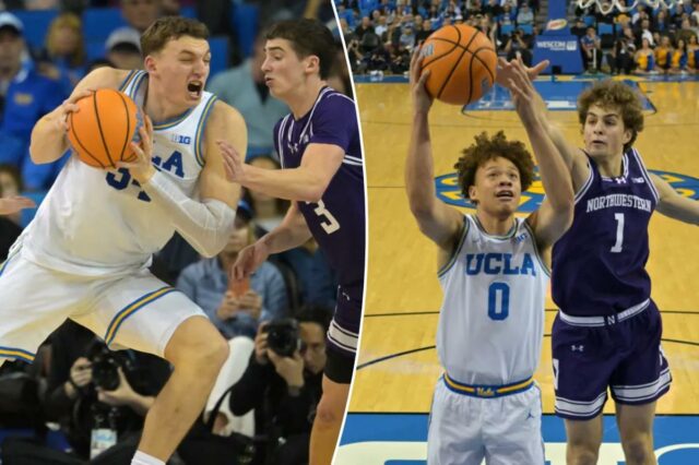 Bilodeau e Perry dominam os Bruins sobre o Noroeste O atacante do UCLA Bruins, Tyler Bilodeau (34), vai para a cesta enquanto os guardas do Northwestern Wildcats, Max Green (10) e Jake West (3), defendem.