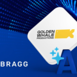 Fundo azul escuro com logotipo Bragg no canto inferior esquerdo. 'AI' está escrito no canto inferior direito e o logotipo da empresa Golden Whale está acima. Bragg Gaming revela AI Brain com Golden Whale