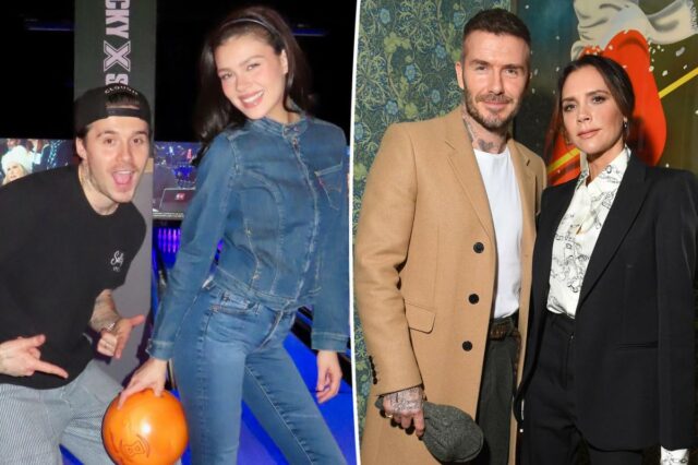 Victoria e David Beckham posando na Victoria Beckham x YouTube Fashion & Beauty After Party.