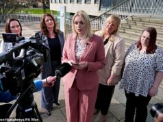 COMENTÁRIO DO DAILY MAIL: É hora de parar de ficar com medo do lobby trans Bethany Hutchison (centro, em rosa) é uma das requerentes que assumiu um fundo de saúde alegando discriminação sexual e assédio sexual porque a enfermeira Rose Henderson - que nasceu homem, mas se identifica como mulher - conseguiu compartilhar o vestiário feminino