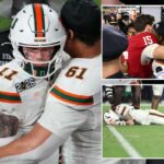 Os jogadores do Miami Hurricanes, Francis Mauigoa e Carson Beck, se abraçam após perderem o Campeonato Nacional CFP.