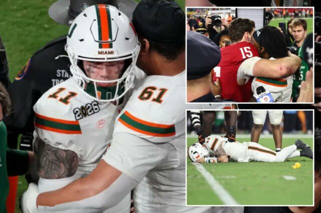 Os jogadores do Miami Hurricanes, Francis Mauigoa e Carson Beck, se abraçam após perderem o Campeonato Nacional CFP.
