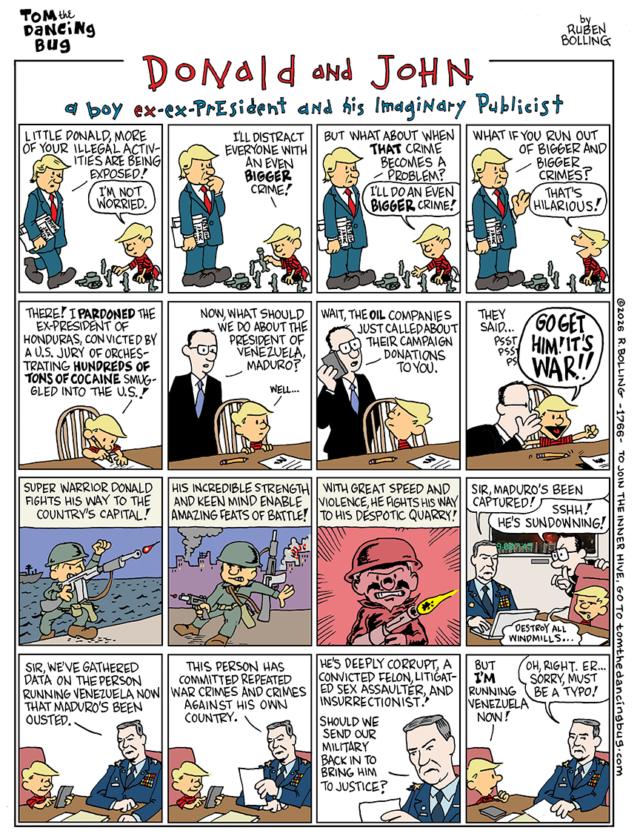 Cartoon: Tom the Dancing Bug apresenta uma visão calvinista e Cartoon: Tom the Dancing Bug apresenta uma visão calvinista e hobbesiana da invasão da Venezuela