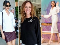 Como as roupas ‘silenciosamente confiantes’ de Brochu Walker se tornaram um produto básico para estrelas como Meghan Markle e Oprah Uma mulher modela um suéter cinza com decote em V sobre uma camisa branca de botões e calças xadrez pretas e brancas.