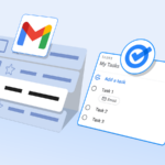Ilustração do ícone do Gmail centralizado em um fundo colorido, com vários ícones do Google Tasks empilhados no lado esquerdo, um deles sobreposto ao logotipo do Gmail.