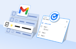 Como assumi o controle da minha caixa de entrada do Gmail e aumentei a produtividade Ilustração do ícone do Gmail centralizado em um fundo colorido, com vários ícones do Google Tasks empilhados no lado esquerdo, um deles sobreposto ao logotipo do Gmail.