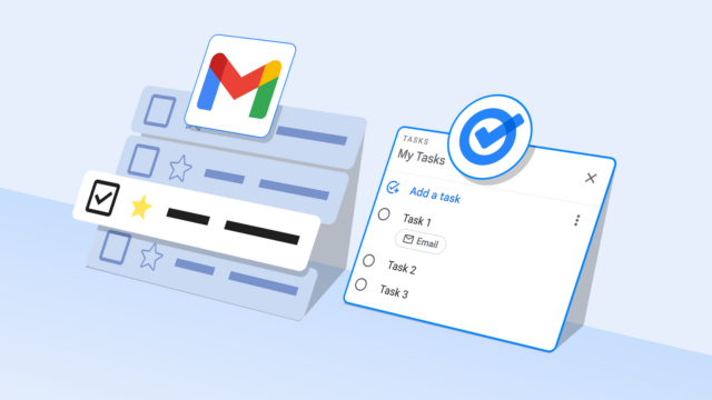 Ilustração do ícone do Gmail centralizado em um fundo colorido, com vários ícones do Google Tasks empilhados no lado esquerdo, um deles sobreposto ao logotipo do Gmail.