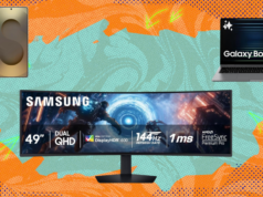 Compre as melhores ofertas da Samsung esta semana: monitores, smartphones e muito mais Monitor de jogos curvo Samsung Odyssey G9 de 49 polegadas em fundo branco