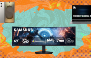 Compre as melhores ofertas da Samsung esta semana: monitores, smartphones e muito mais Monitor de jogos curvo Samsung Odyssey G9 de 49 polegadas em fundo branco