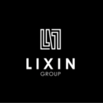 Conglomerado imobiliário com sede no Camboja ligado a operações ilegais de jogos de azar. Fundo preto com um logotipo geométrico estilizado branco acima das palavras “LIXIN GROUP” em letras limpas e modernas.