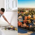 Trabalhador instalando uma nova bancada em uma cozinha moderna.