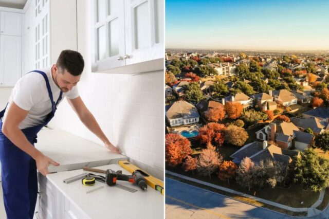 Trabalhador instalando uma nova bancada em uma cozinha moderna.