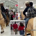 Cowboy galopa pela Target a cavalo, deixando a equipe para limpar a bagunça