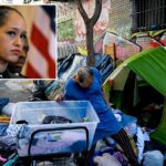 Deliada Valdez, 64 anos, vasculha uma caixa transparente de pertences ao lado de sua barraca verde em uma calçada de São Francisco.