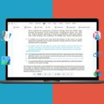 Ilustração de um laptop exibindo uma interface de edição de PDF, com ícones para conversão de arquivos e recursos de edição em camadas na tela.