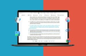 Cuide de documentos importantes com este conversor e editor de PDF de US$ 30 Ilustração de um laptop exibindo uma interface de edição de PDF, com ícones para conversão de arquivos e recursos de edição em camadas na tela.