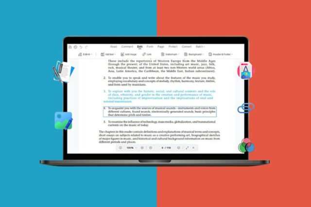 Cuide de documentos importantes com este conversor e editor de Ilustração de um laptop exibindo uma interface de edição de PDF, com ícones para conversão de arquivos e recursos de edição em camadas na tela.