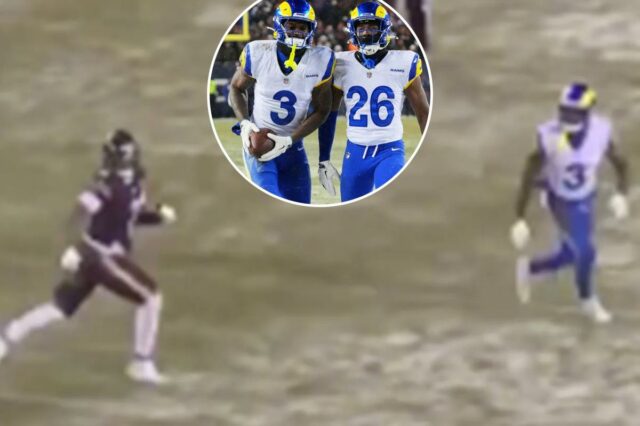 O safety dos Rams, Kam Curl (3), comemora com o safety Kamren Kinchens (26) após interceptar um passe destinado ao DJ Moore.