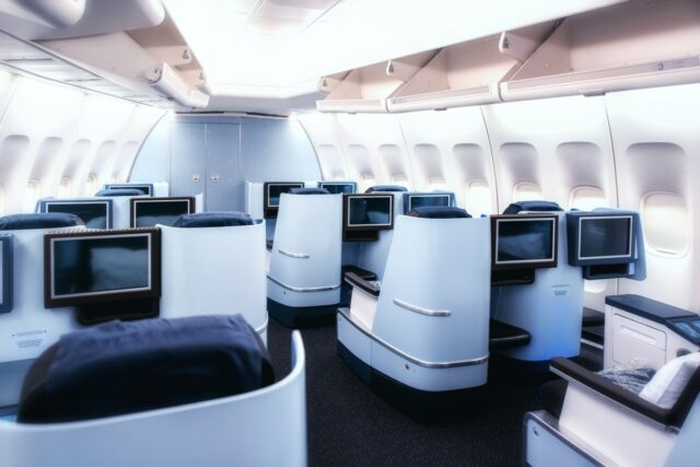 The interior of a business class cabin.
