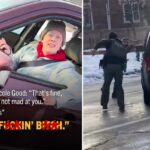 Filmagem de Renee Nicole Good em um carro com sobreposição de texto de suas últimas palavras e som de tiros.